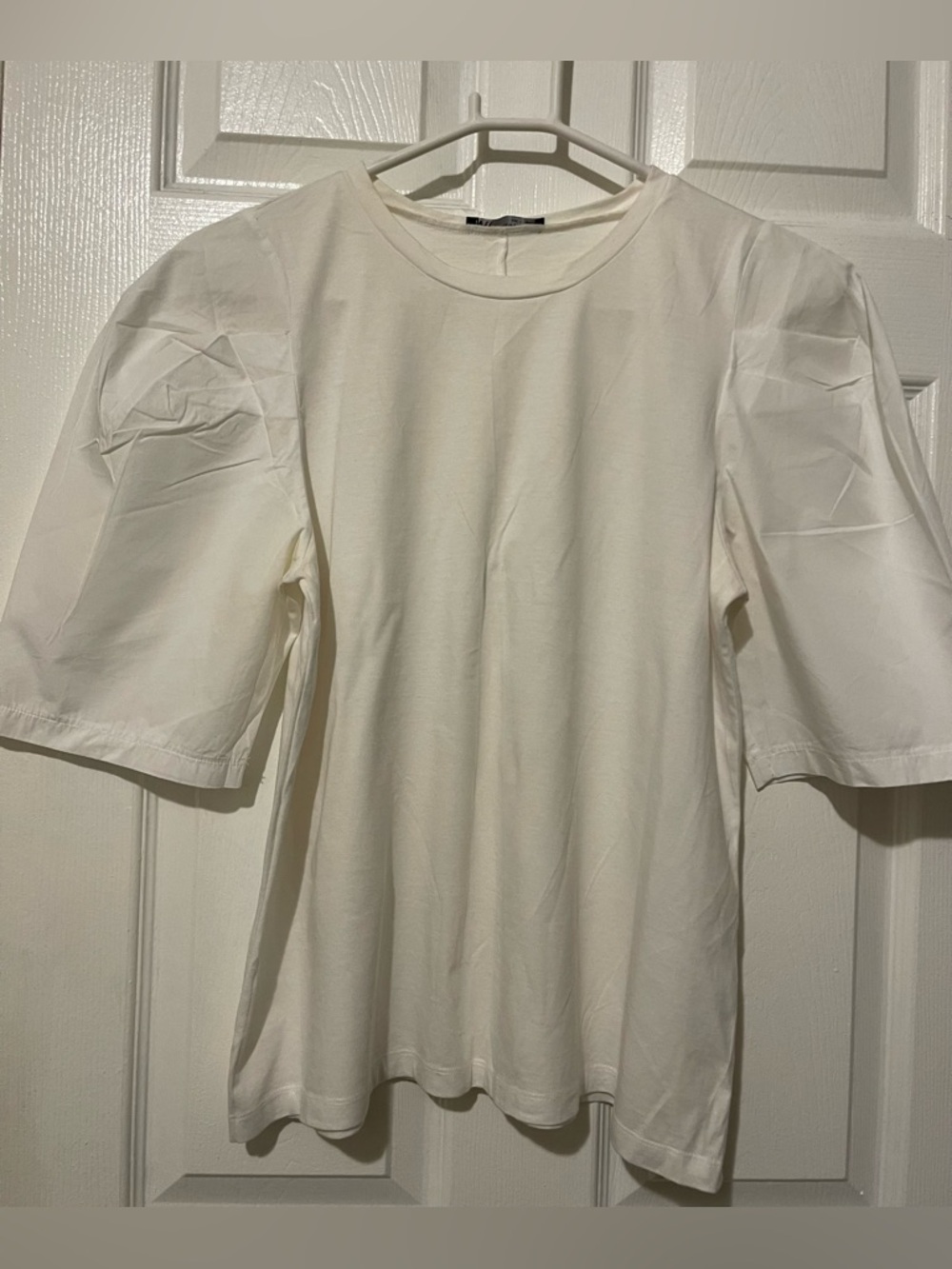 Zara White Puff Sleeve Crewneck Top